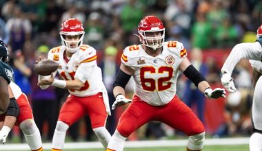 Feb 9, 2025; New Orleans, LA, USA;  Kansas City Chiefs guard Joe Thuney (62)  blocks for quarterback Patrick Mahomes (15) against the Philadelphia Eagles in Super Bowl LIX at Ceasars Superdome. Mandatory Credit: Mark J. Rebilas-Imagn Images