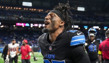 Detroit Lions cornerback Arthur Maulet as he exits the field after 24-9 win over Tampa Bay Buccaneers at Ford Field in Detroit on Monday, Oct. 20, 2025.