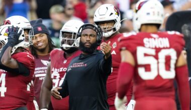 Dec 7, 2025; Glendale, Arizona, USA; Arizona Cardinals defensive line coach Winston DeLattiboudere III against the Los Angeles Rams at State Farm Stadium. Mandatory Credit: Mark J. Rebilas-Imagn Images