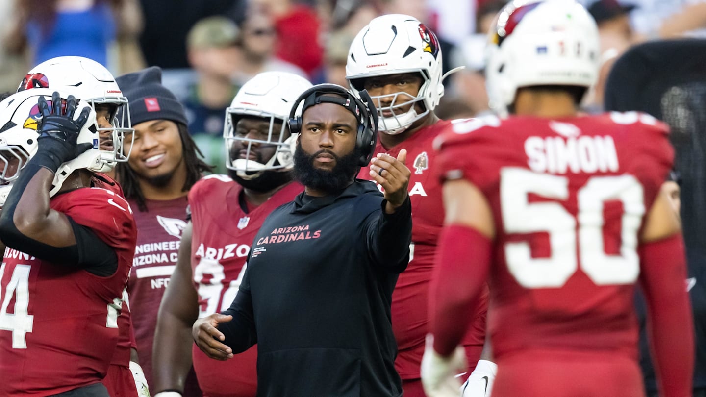 Dec 7, 2025; Glendale, Arizona, USA; Arizona Cardinals defensive line coach Winston DeLattiboudere III against the Los Angeles Rams at State Farm Stadium. Mandatory Credit: Mark J. Rebilas-Imagn Images