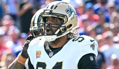 Sep 28, 2025; Orchard Park, New York, USA; New Orleans Saints defensive end Cameron Jordan (94) celebrates a sack against the Buffalo Bills in the second quarter at Highmark Stadium. Mandatory Credit: Mark Konezny-Imagn Images