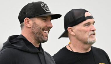 Washington Commanders general manager Adam Peters and head coach Dan Quinn