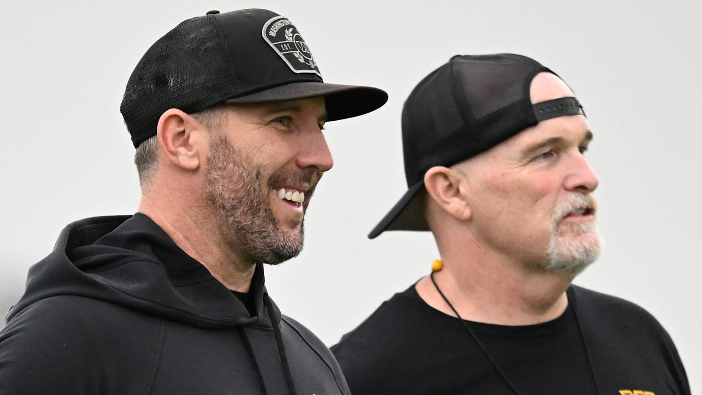 Washington Commanders general manager Adam Peters and head coach Dan Quinn