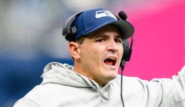 Seattle Seahawks head coach Mike Macdonald directs