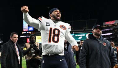 Nov 28, 2025; Philadelphia, Pennsylvania, USA; Chicago Bears quarterback Caleb Williams (18) celebrates after the game against the Philadelphia Eagles at Lincoln Financial Field. Mandatory Credit: Eric Hartline-Imagn Images