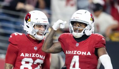 Nov 23, 2025; Glendale, Arizona, USA; Arizona Cardinals wide receiver Greg Dortch (4) celebrates a touchdown with teammate Andre Baccellia (82) against the Jacksonville Jaguars at State Farm Stadium. Mandatory Credit: Mark J. Rebilas-Imagn Images