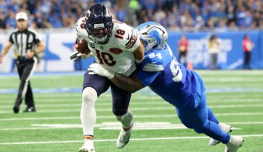 Sep 14, 2025; Detroit, Michigan, USA; Detroit Lions defensive tackle Mekhi Wingo (94) tackles Chicago Bears quarterback Caleb Williams (18) during the second quarter of the game at Ford Field. Mandatory Credit: David Reginek-Imagn Images