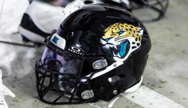 Nov 23, 2025; Glendale, Arizona, USA; Detailed view of a Jacksonville Jaguars helmet at State Farm Stadium. Mandatory Credit: Mark J. Rebilas-Imagn Images