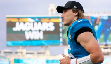 Jacksonville Jaguars quarterback Trevor Lawrence (16) runs off the field after the game of an NFL football matchup at EverBank Stadium, Sunday, Dec. 14, 2025, in Jacksonville, Fla. The Jaguars defeated the Jets 48-20.