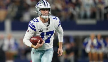 Dec 14, 2025; Arlington, Texas, USA; Dallas Cowboys place kicker Brandon Aubrey (17) runs a fake field goal during the first half against the Minnesota Vikings at AT&T Stadium.