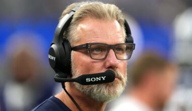 Aug 9, 2025; Inglewood, California, USA; Dallas Cowboys defensive coordinator Matt Eberflus watches from the sidelines against the Los Angeles Rams in the second half at SoFi Stadium. Mandatory Credit: Kirby Lee-Imagn Images