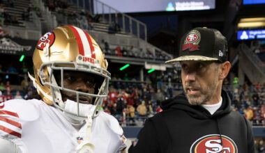 San Francisco 49ers wide receiver Brandon Aiyuk (L) and head coach Kyle Shanahan (R)