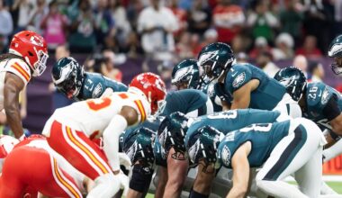 Feb 9, 2025; New Orleans, LA, USA; Philadelphia Eagles  quarterback Jalen Hurts (1) lines up for the tush push play on the goal line against the Kansas City Chiefs during Super Bowl LIX at Ceasars Superdome. Mandatory Credit: Mark J. Rebilas-Imagn Images