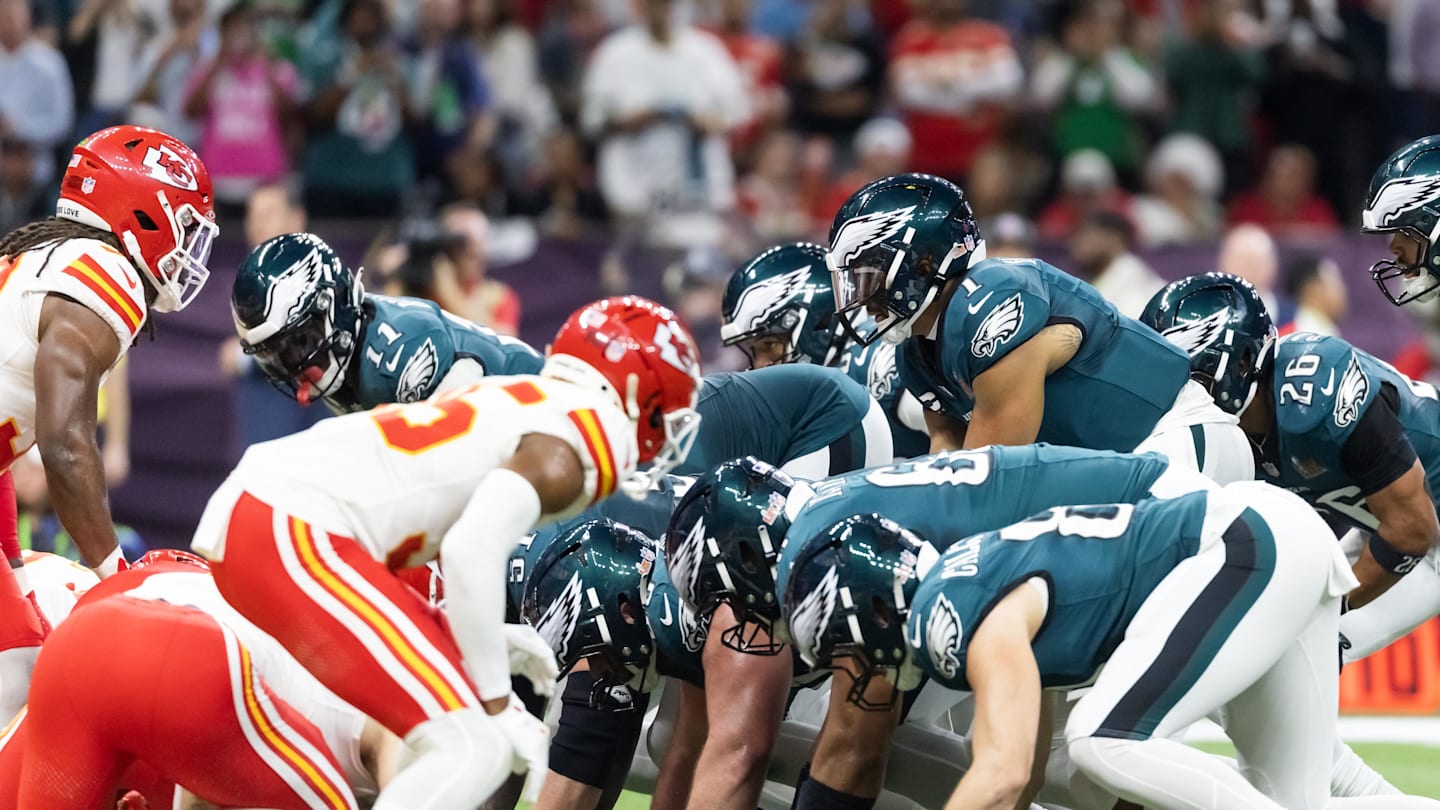 Feb 9, 2025; New Orleans, LA, USA; Philadelphia Eagles  quarterback Jalen Hurts (1) lines up for the tush push play on the goal line against the Kansas City Chiefs during Super Bowl LIX at Ceasars Superdome. Mandatory Credit: Mark J. Rebilas-Imagn Images