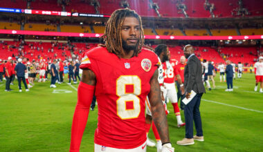 Aug 22, 2025; Kansas City, Missouri, USA; Kansas City Chiefs cornerback Kristian Fulton (8) leaves the field after the game against the Chicago Bears at GEHA Field at Arrowhead Stadium. Mandatory Credit: Denny Medley-Imagn Images
