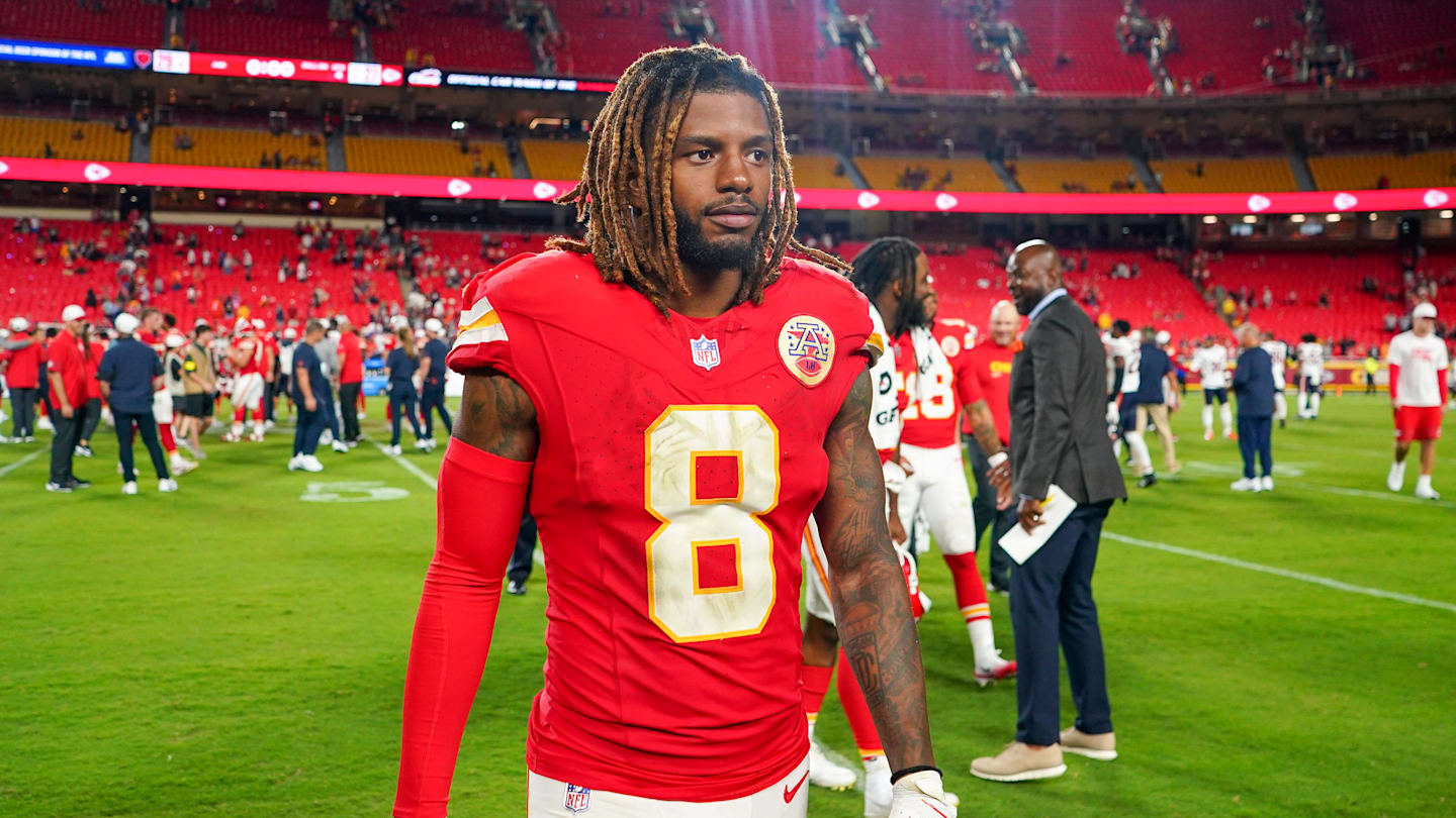 Aug 22, 2025; Kansas City, Missouri, USA; Kansas City Chiefs cornerback Kristian Fulton (8) leaves the field after the game against the Chicago Bears at GEHA Field at Arrowhead Stadium. Mandatory Credit: Denny Medley-Imagn Images