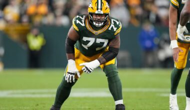 Nov 10, 2025; Green Bay, Wisconsin, USA;  Green Bay Packers offensive tackle Jordan Morgan (77) during the game against the Philadelphia Eagles at Lambeau Field. Mandatory Credit: Jeff Hanisch-Imagn Images