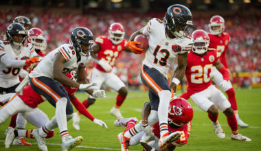 Chicago Bears wide receiver Maurice Alexander (13) returns a kickoff against Kansas City Chiefs wide receiver Tyquan Thornton (2) during the first half at GEHA Field at Arrowhead Stadium. Mandatory Credit: Jay Biggerstaff-Imagn Images