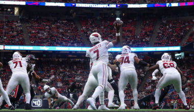 Dec 14, 2025; Houston, Texas, USA; Arizona Cardinals quarterback Jacoby Brissett (7) passes against the Houston Texans in the fourth quarter at NRG Stadium. Mandatory Credit: Thomas Shea-Imagn Images