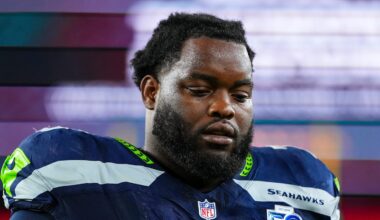 Seattle Seahawks right guard Anthony Bradford looks down