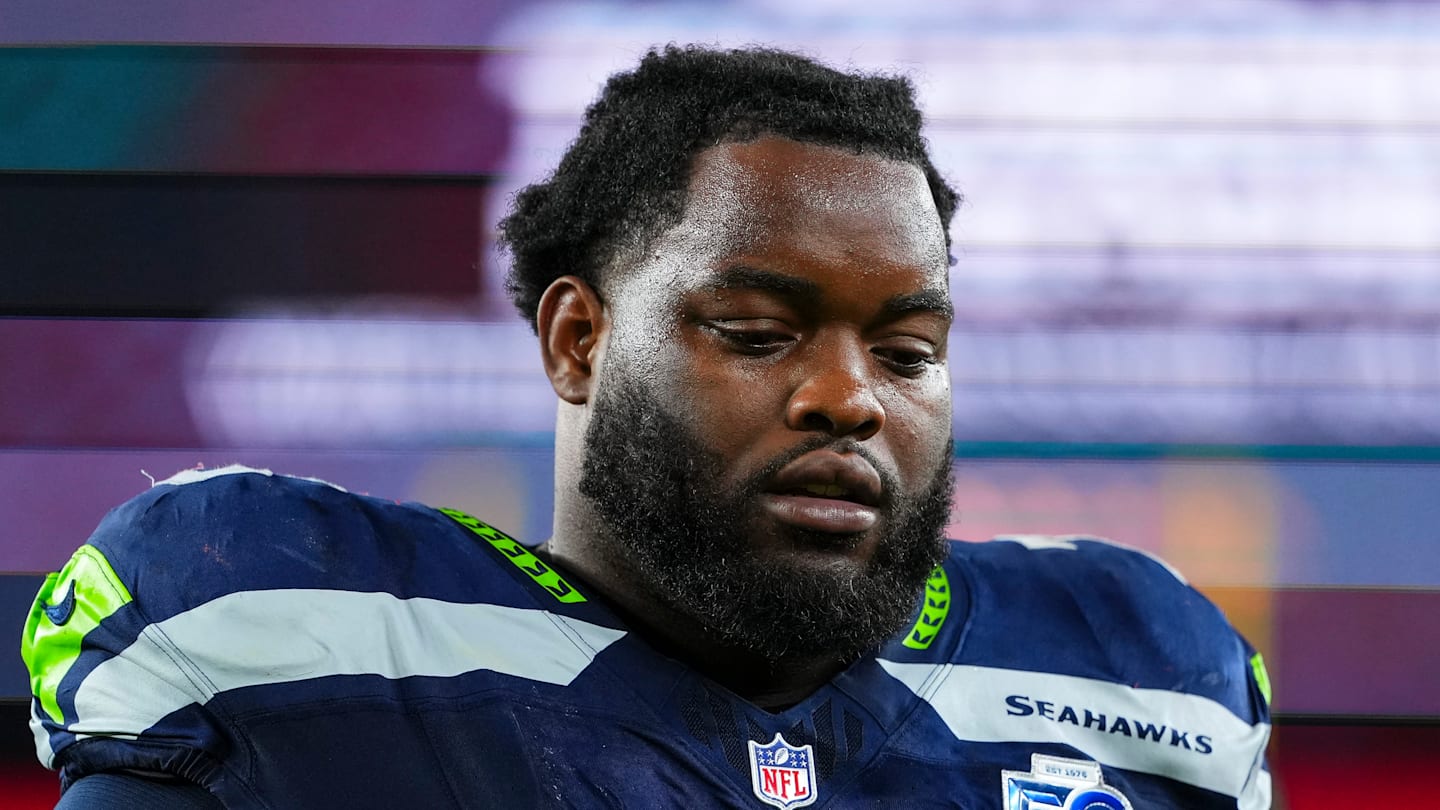 Seattle Seahawks right guard Anthony Bradford looks down