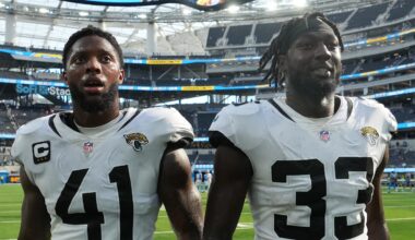 Sep 25, 2022; Inglewood, California, USA; Jacksonville Jaguars linebacker Josh Allen (41) and linebacker Devin Lloyd (33) walk off the field after the game against the Los Angeles Chargers at SoFi Stadium. Mandatory Credit: Kirby Lee-Imagn Images
