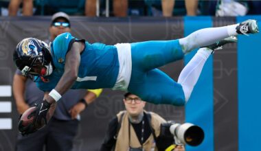 Jacksonville Jaguars running back Travis Etienne Jr. (1) leaps to score a rushing touchdown during the fourth quarter of an NFL football matchup at EverBank Stadium, Sunday, Dec. 14, 2025, in Jacksonville, Fla. The Jaguars defeated the Jets 48-20.