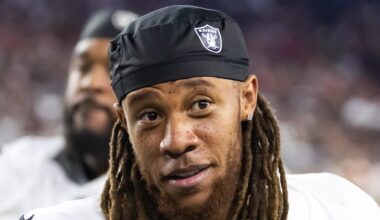 Aug 23, 2025; Glendale, Arizona, USA; Las Vegas Raiders cornerback Eric Stokes (22) against the Arizona Cardinals during a preseason NFL game at State Farm Stadium. Mandatory Credit: Mark J. Rebilas-Imagn Images