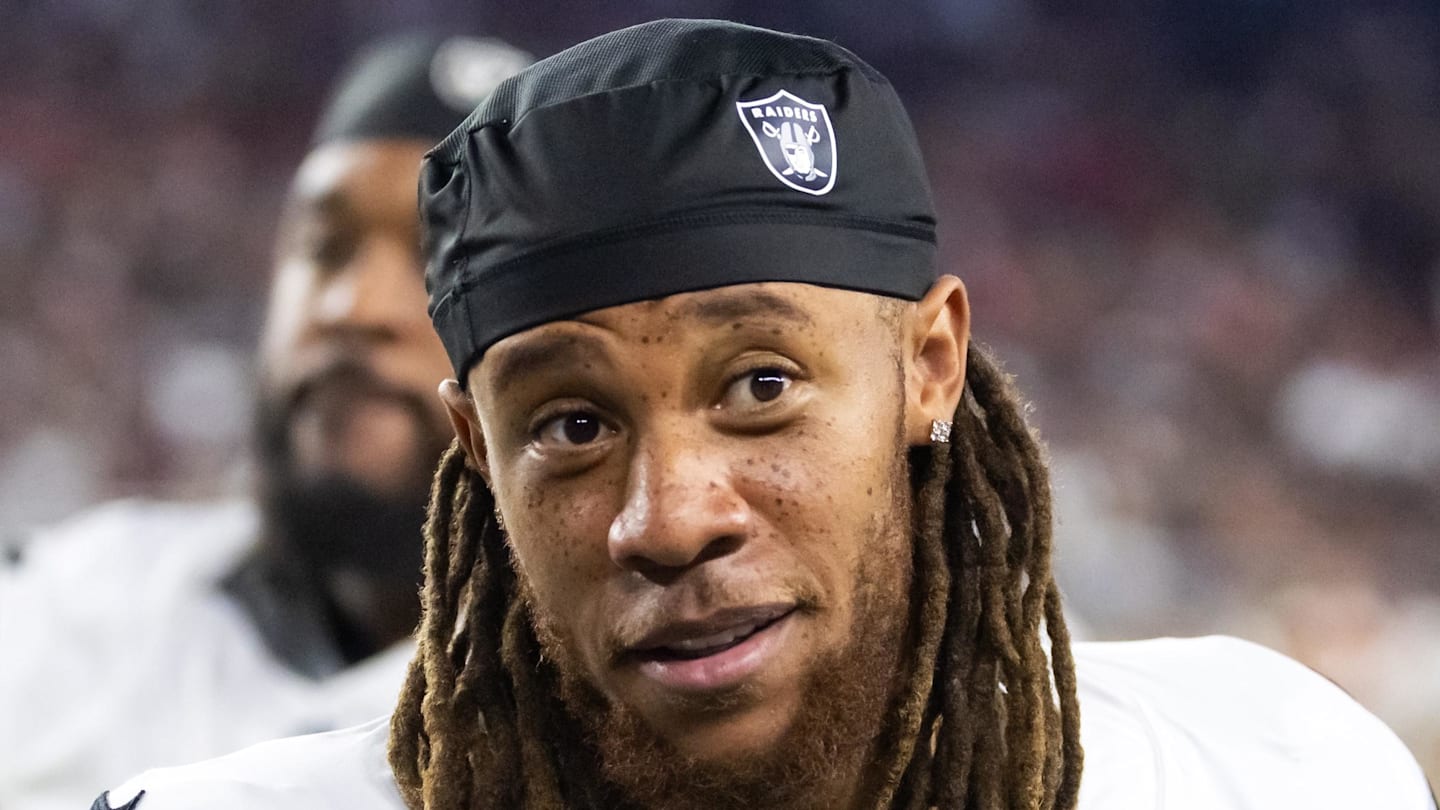 Aug 23, 2025; Glendale, Arizona, USA; Las Vegas Raiders cornerback Eric Stokes (22) against the Arizona Cardinals during a preseason NFL game at State Farm Stadium. Mandatory Credit: Mark J. Rebilas-Imagn Images