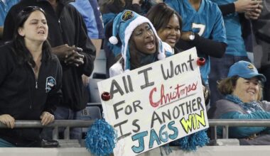 Dec 18, 2014; Jacksonville, FL, USA; Jacksonville Jaguars fan holds up a sign that says "All I Want for Christmas is a Jags Win." during the second quarter against the Tennessee Titans at EverBank Field. Mandatory Credit: Kim Klement-Imagn Images