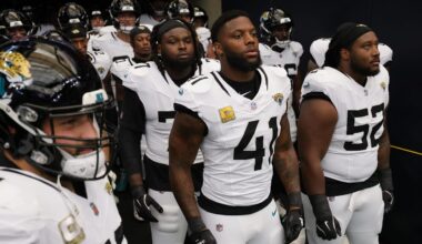 Nov 9, 2025; Houston, Texas, USA;  Jacksonville Jaguars defensive end Josh Hines-Allen (41) and teammates wait in the tunnel before playing against the Houston Texans at NRG Stadium.