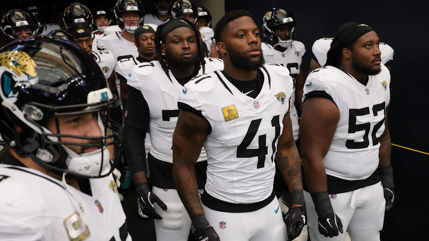 Nov 9, 2025; Houston, Texas, USA;  Jacksonville Jaguars defensive end Josh Hines-Allen (41) and teammates wait in the tunnel before playing against the Houston Texans at NRG Stadium.