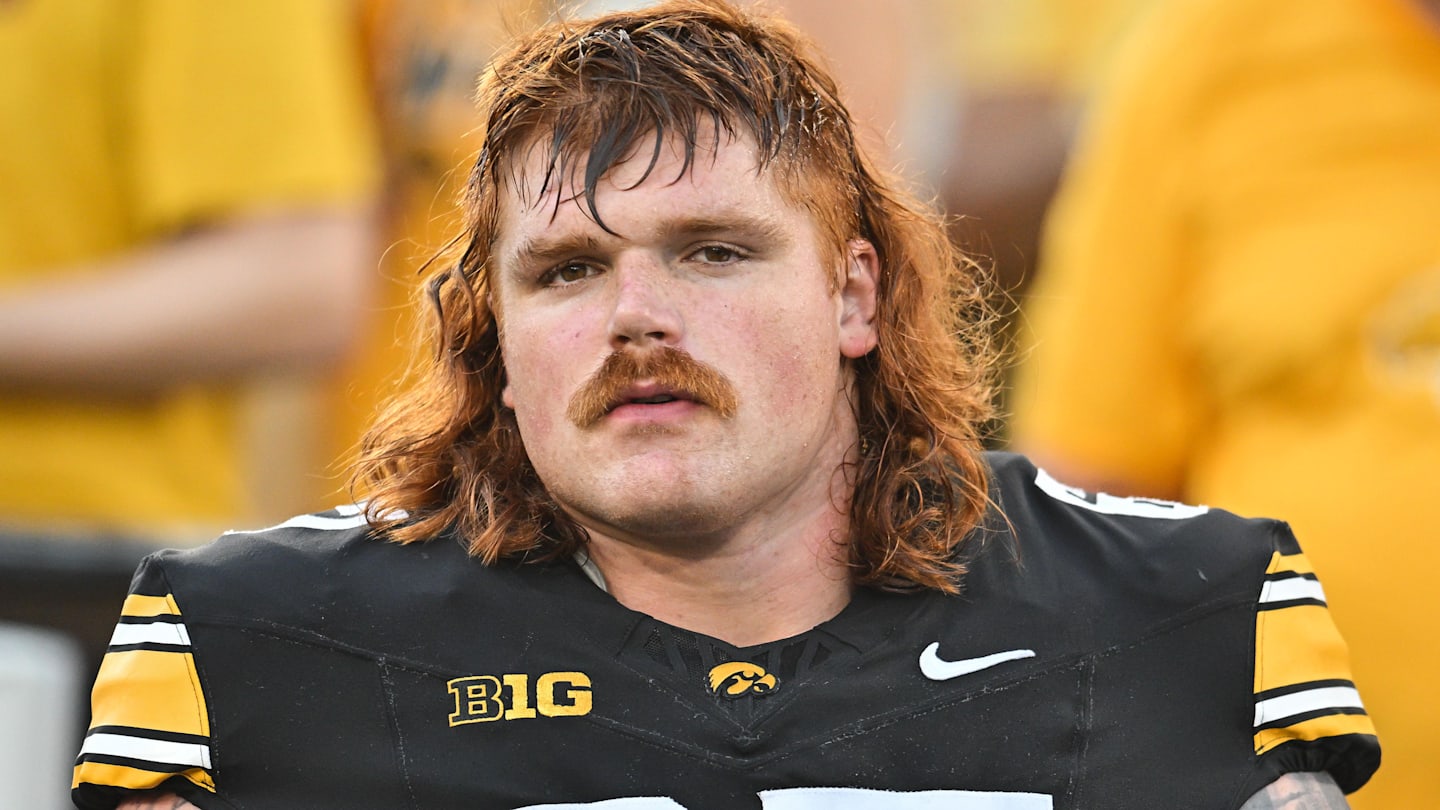 Sep 13, 2025; Iowa City, Iowa, USA; Iowa Hawkeyes offensive lineman Gennings Dunker (67) looks on before the game against the Massachusetts Minutemen at Kinnick Stadium. Mandatory Credit: Jeffrey Becker-Imagn Images