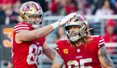 San Francisco 49ers tight ends Jake Tonges (L) and George Kittle (R)