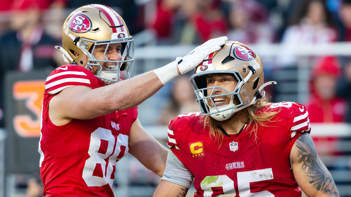 San Francisco 49ers tight ends Jake Tonges (L) and George Kittle (R)
