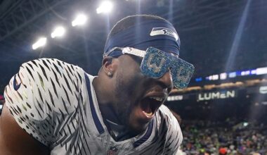 Derick Hall of the Seattle Seahawks yells