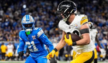 Pittsburgh Steelers tight end Pat Freiermuth (88) makes a catch against Detroit Lions cornerback Amik Robertson (21) during the first half at Ford Field in Detroit on Sunday, Dec. 21, 2025.