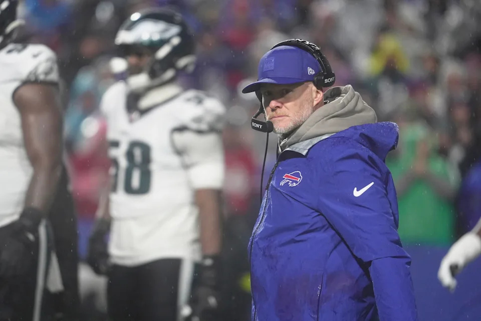 Buffalo Bills head coach Sean McDermott watches from the sidelines during second half action against the Philadelphia Eagles at Highmark Stadium in Orchard Park on Dec. 28, 2025.