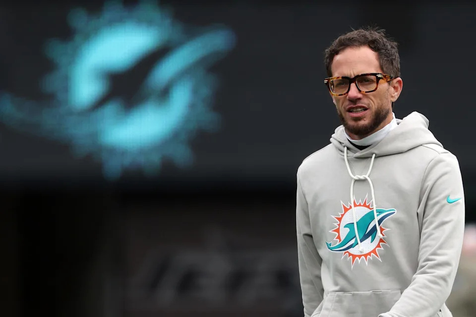 Dec 7, 2025; East Rutherford, New Jersey, USA; Miami Dolphins head coach Mike McDaniel looks on during warmups before the game between the Miami Dolphins and New York Jets at MetLife Stadium. Mandatory Credit: Ed Mulholland-Imagn Images