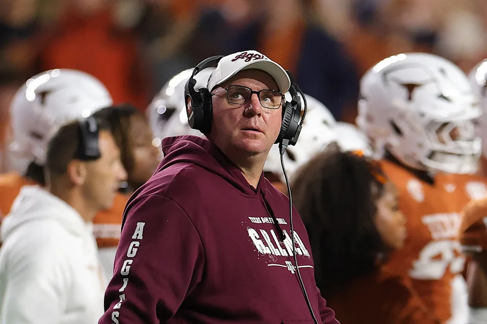 AUSTIN, TEXAS - NOVEMBER 28: Head coach Mike Elko of the Texas A&M Aggies looks on during the second quarter of a game against the Texas Longhorns at Darrell K Royal-Texas Memorial Stadium on November 28, 2025 in Austin, Texas. (Photo by Alex Slitz/Getty Images)