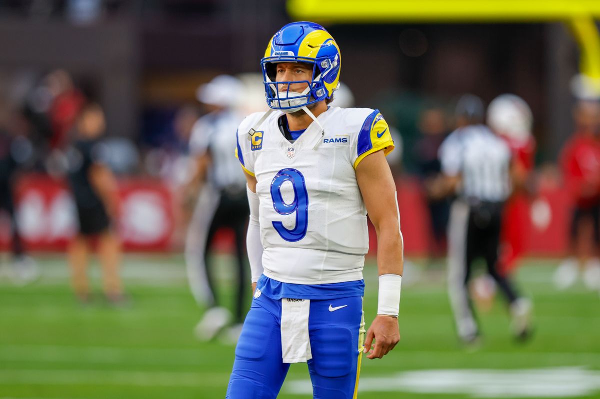 Los Angeles Rams quarterback Matthew Stafford on the field before a game