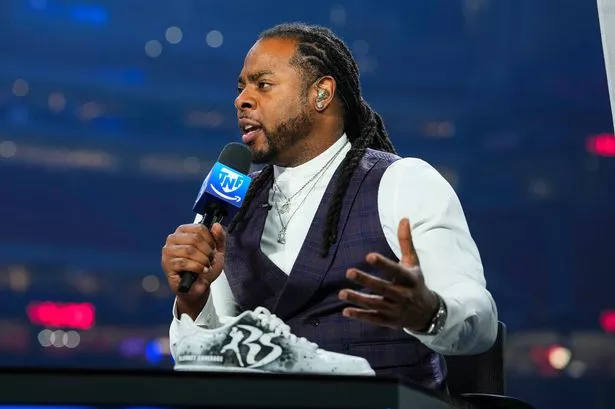 Richard Sherman talks on set of the TNF on Prime post show after an NFL football game between the Buffalo Bills and the Houston Texans at NRG Stadium on November 20, 2025 in Houston, Texas