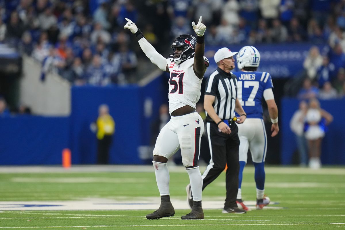 Houston Texans defensive end Will Anderson Jr. celebrates against the Colts