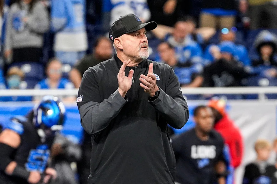 Detroit Lions offensive coordinator John Morton watches warmup ahead of the New York Giants game at Ford Field in Detroit on Sunday, Nov. 23, 2025.