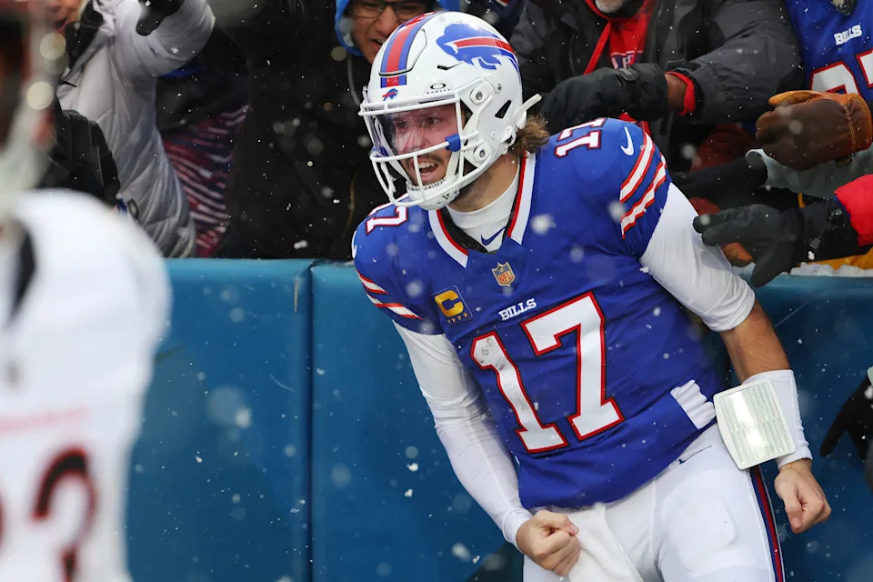 ORCHARD PARK, NEW YORK - DECEMBER 07: Josh Allen #17 of the Buffalo Bills celebrates a 40-yard rushing touchdown against the Cincinnati Bengals during the fourth quarter at Highmark Stadium on December 07, 2025 in Orchard Park, New York. (Photo by Timothy T Ludwig/Getty Images)
