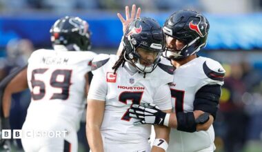 CJ Stroud celebrates a touchdown pass with Jake Andrews of the Houston Texans during the first quarter against the Los Angeles Chargers