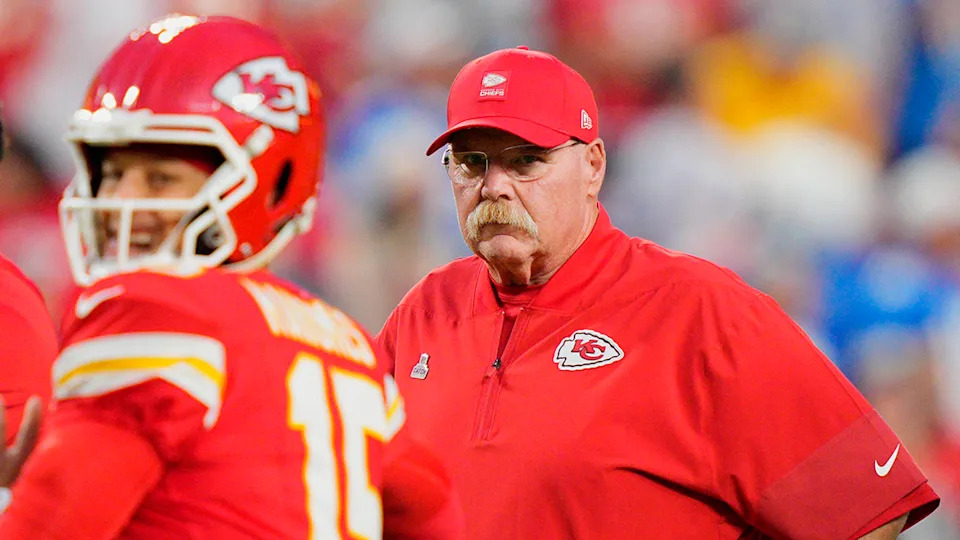 Kansas City Chiefs head coach Andy Reid and quarterback Patrick Mahomes before the game against the Detroit Lions.Jay Biggerstaff-Imagn Images