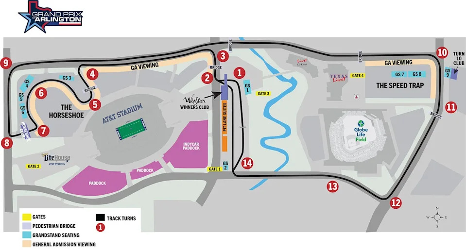 map of the grand prix in arlington showing track layout and key locations