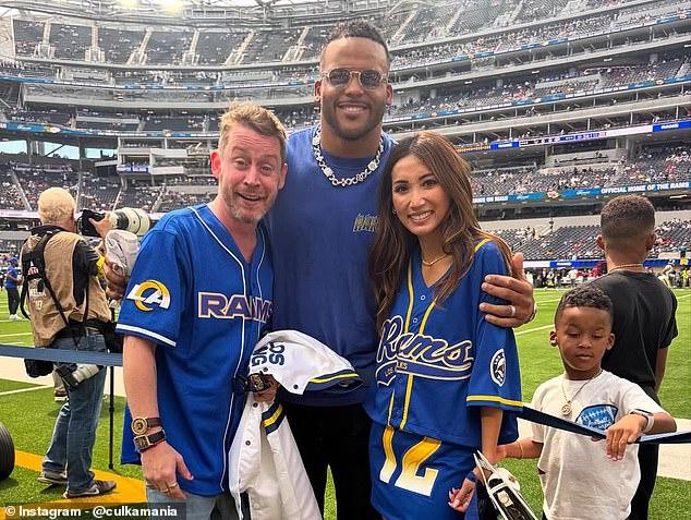 Culkin, seen with wife Brenda Song and former Rams star Aaron Donald, is a known Rams fan