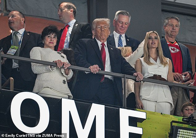 The Saints owner is pictured in her box alongside President Donald Trump (center) and his daughter Ivanka (right) during the Super Bowl in February